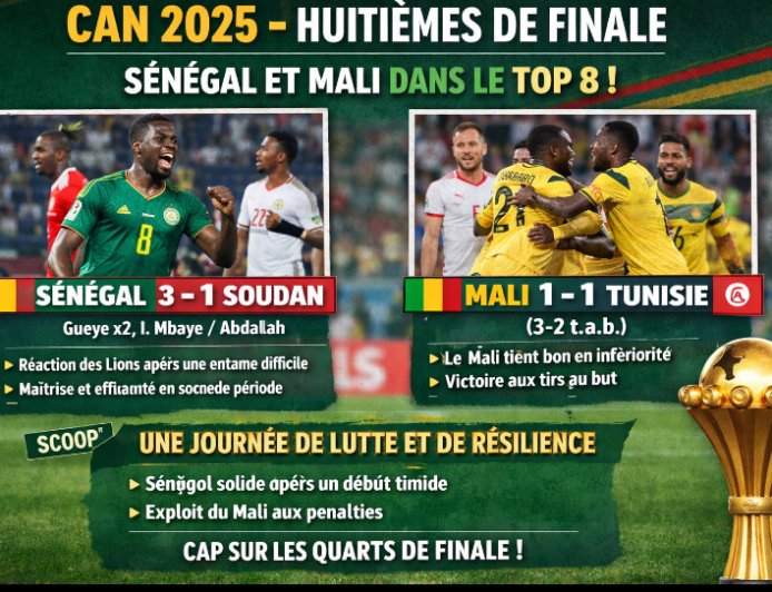 CAN 2025 – Huitièmes de finale (1ʳᵉ journée) : Sénégal et Mali filent en quarts dans la douleur et la résilience