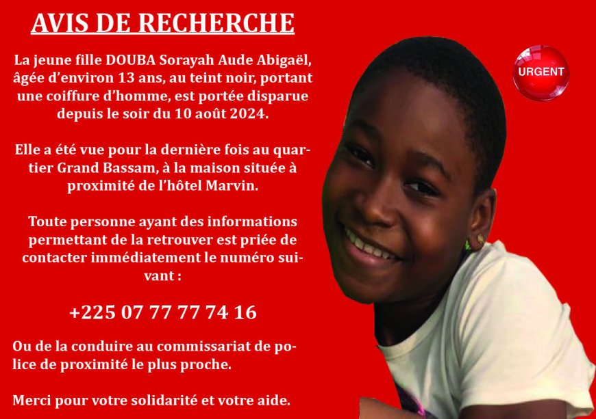 Grand Bassam : un avis de recherche lancé pour une adolescente de 13 ans