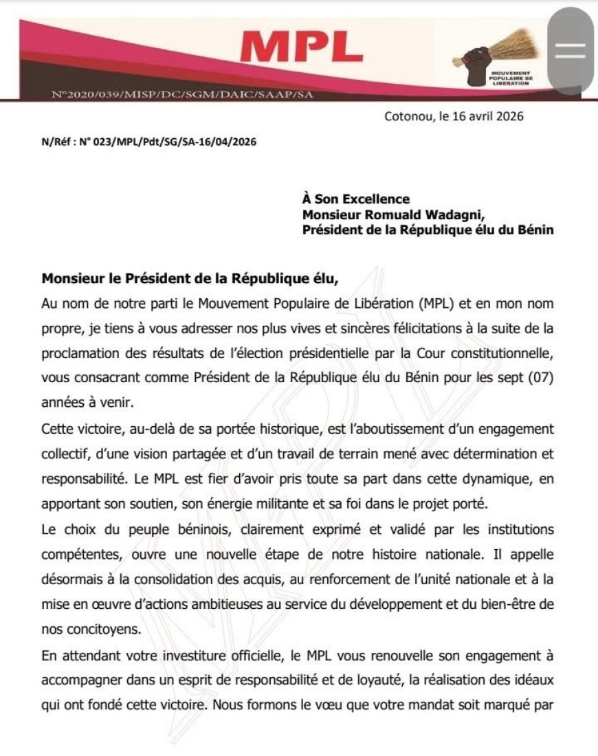 Le MPL félicite le Président élu et réaffirme son engagement pour le Bénin