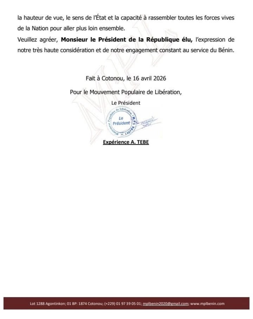 Le MPL félicite le Président élu et réaffirme son engagement pour le Bénin
